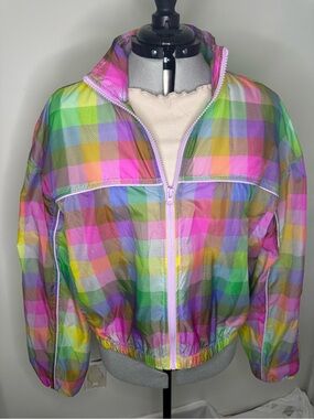 Fabletics Multicolor Plaid Bomber Jacket - Pink, Green, Purple, Yellow